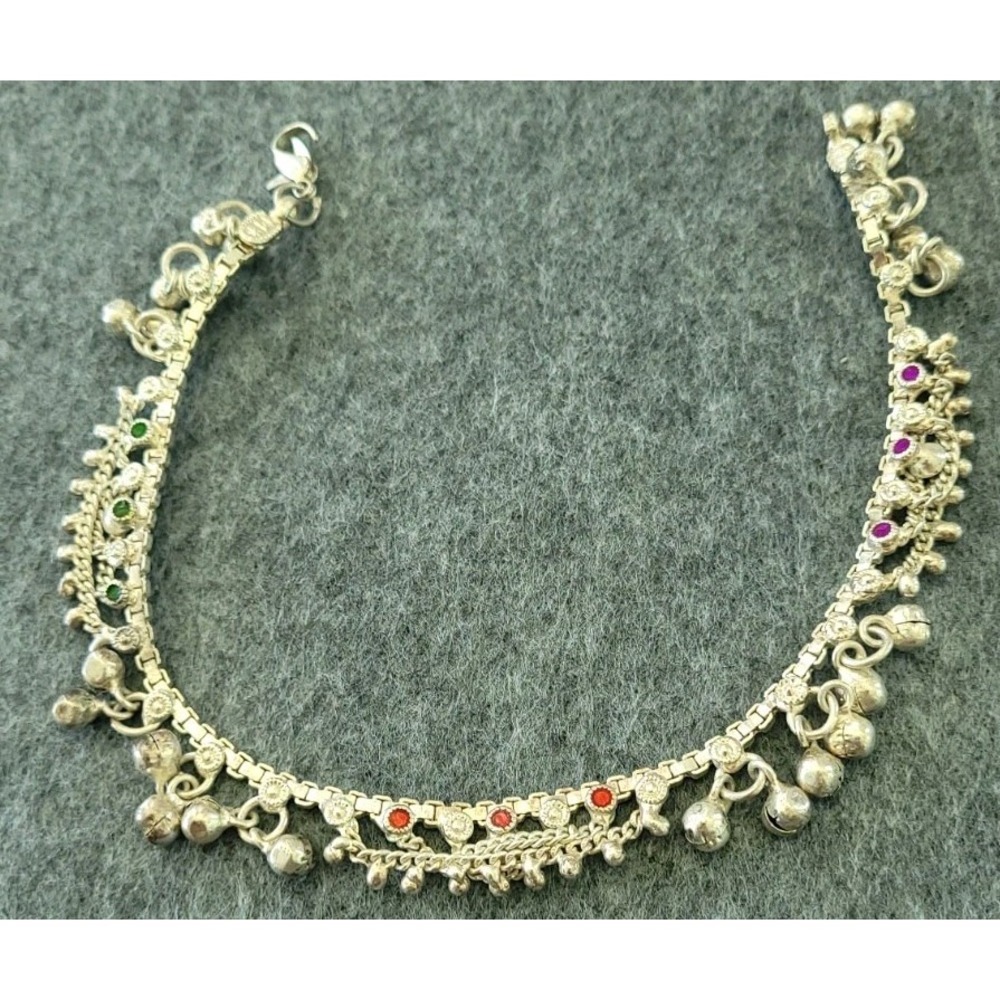 Silver Tone Ghungroo Bell Anklet Red Green Stones Indian Payal 10in 24g